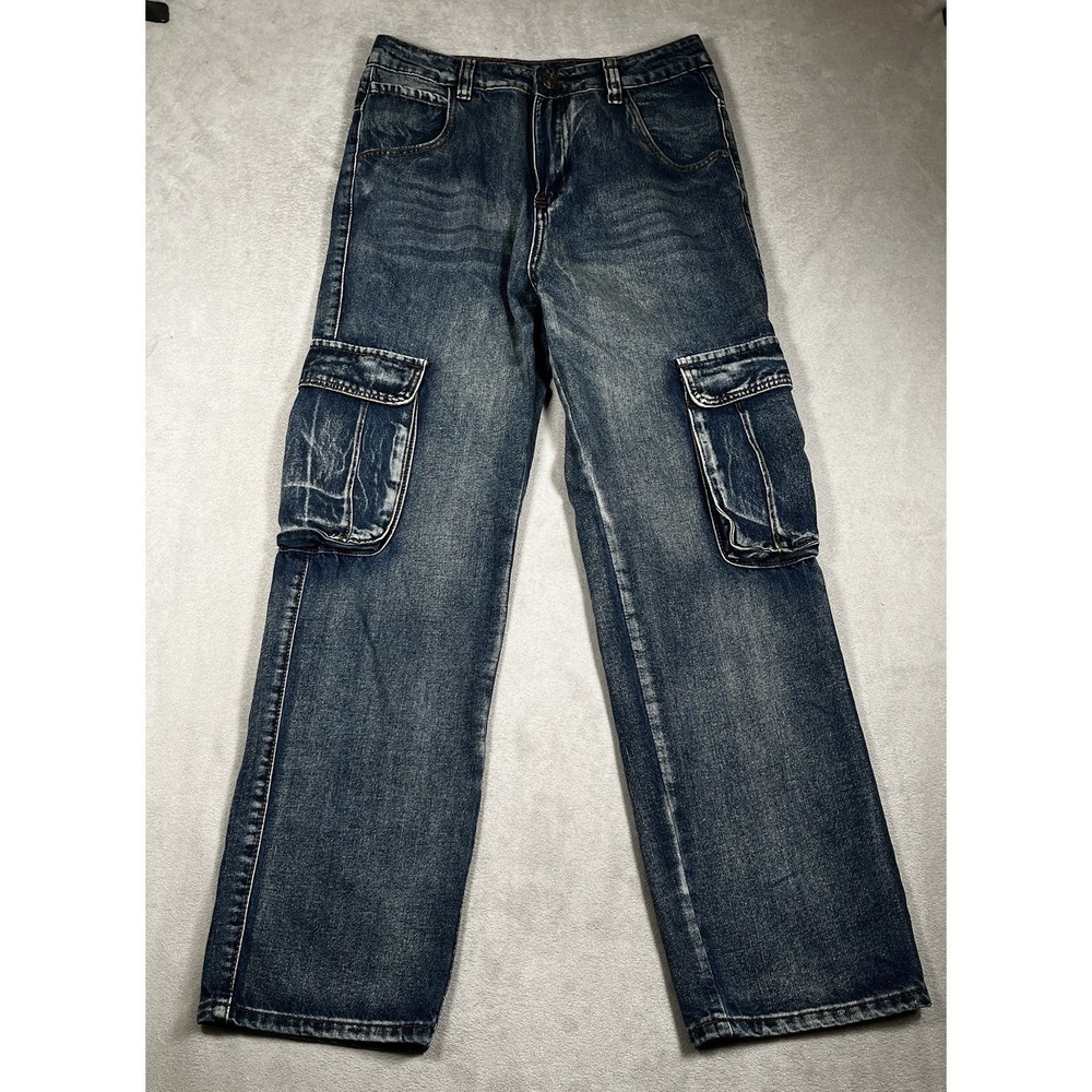 Mens Casual Loose Hip Hop Denim Barrel Jeans Cargo Pockets Size 30/30 Yeokou